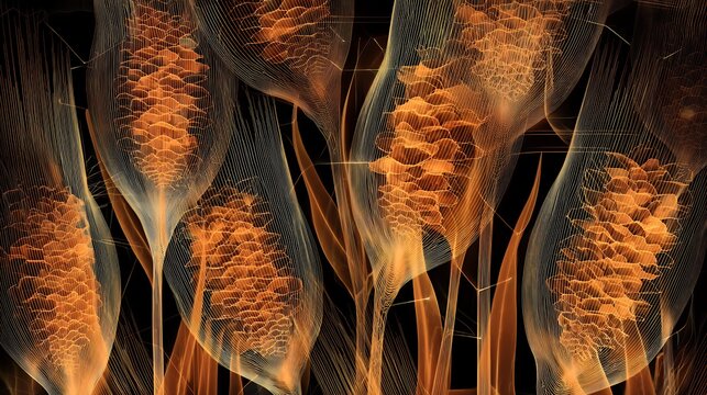 Stylized golden wireframe abstract botanical wheat or pine cone shapes emitting a warm glow on dark background for artistic overlay