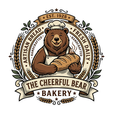 Cheerful bear in chef hat bakery.