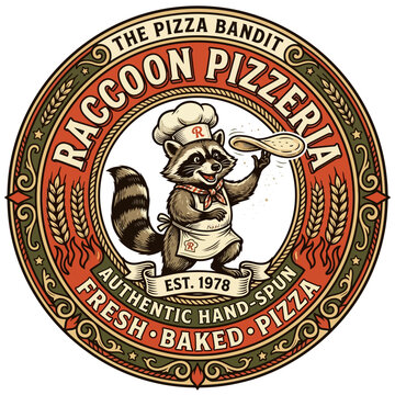 Raccoon wearing chef hat holding pizza.