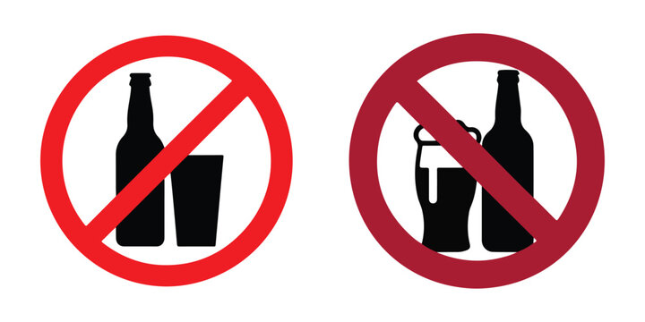 No alcohol drink icons, prohibition signs, stop drinking beer and wine bottles.