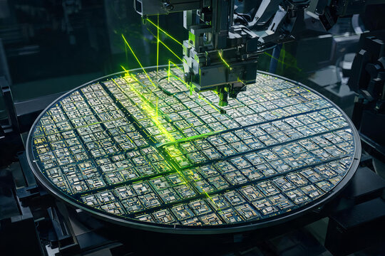 A silicon wafer with microchips undergoes precision laser processing in an industrial semiconductor manufacturing setup.