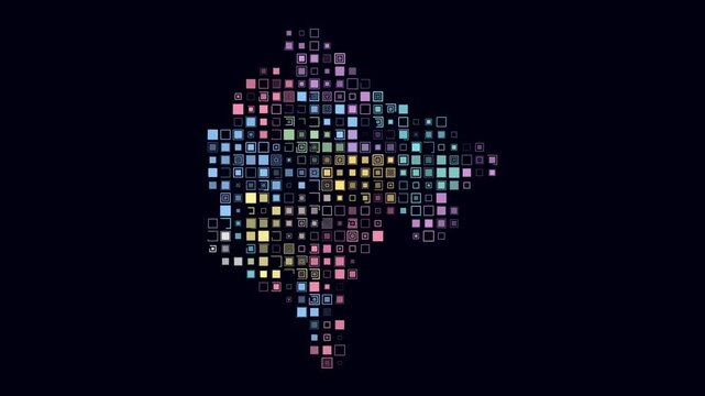 Montenegro animated country shape. Pulsating colored dots on the map of the country. Large size square blocks. Digital style Montenegro map on dark background. Plain animation video.