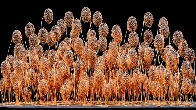 Dense cluster of abstract glowing copper wireframe plant-like structures resembling dry thistles on black for unique textured background