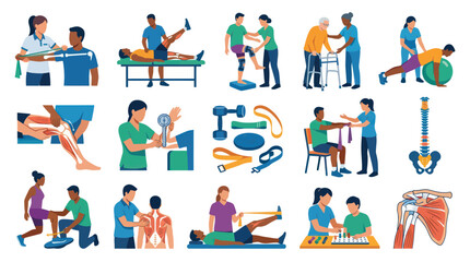 Fototapeta premium Physiotherapy Icons: Medical Treatment, Rehabilitation, and Exercise Flat Illustration