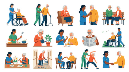 Fototapeta premium Elderly Care Senior Assistance Flat Vector Illustration Set: Geriatric Nurses Helping Seniors with Daily Activities