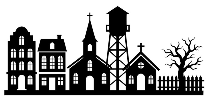 Bold black silhouette of a vintage small town skyline with church steeples, water tower, old buildings, bare tree and fence, perfect for Halloween, Western, and historic themes.