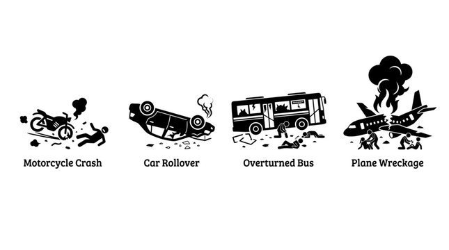 Transport vehicle accident and crash stick figure icons set.