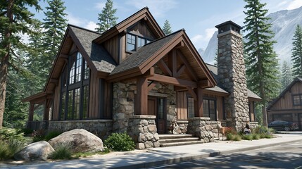 Obraz premium Rustic Timber Frame Mountain Cabin with Stone Chimney Surrounded by Lush Forest and Majestic Peaks