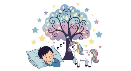 A sleeping child rests peacefully under a magical, pastel-colored tree while a whimsical unicorn with a rainbow mane stands nearby under a starry sky. © Coey