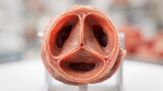 Cross section of human aortic valve showing three leaflets with leaflets internal structure valve with displays cross