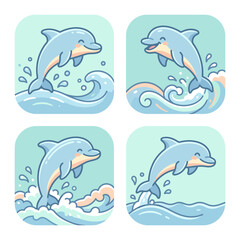 Obraz premium Cute cartoon dolphin jumping and splashing in wavy ocean water