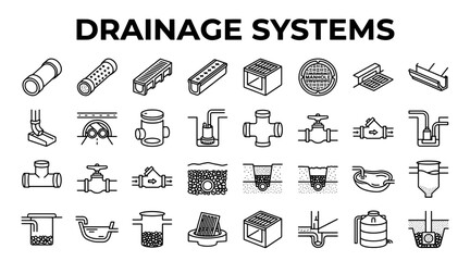 Fototapeta premium A comprehensive set of linear icons representing various drainage, plumbing, and water management infrastructure.