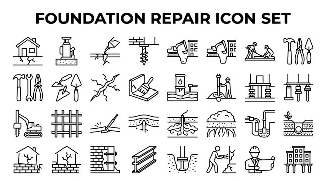 A comprehensive set of line icons depicting foundation repair, structural stabilization, and construction services.