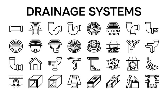 A comprehensive set of linear icons representing various drainage, plumbing, and sewage infrastructure components.