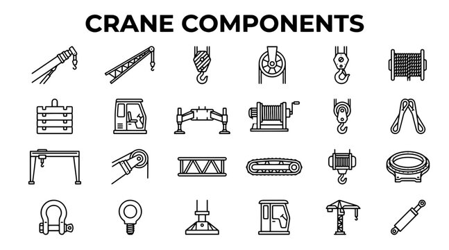 A collection of linear vector icons representing various crane parts and heavy construction machinery components.