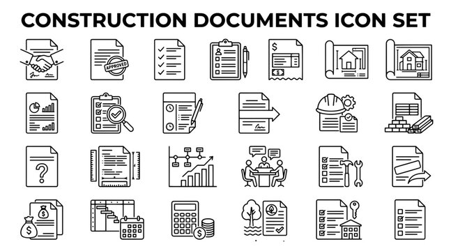 A comprehensive set of line icons representing essential construction project documents and management paperwork.