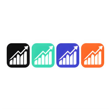 Set of four colorful business growth bar chart icons with upward arrows for financial reports and data analysis dashboard design