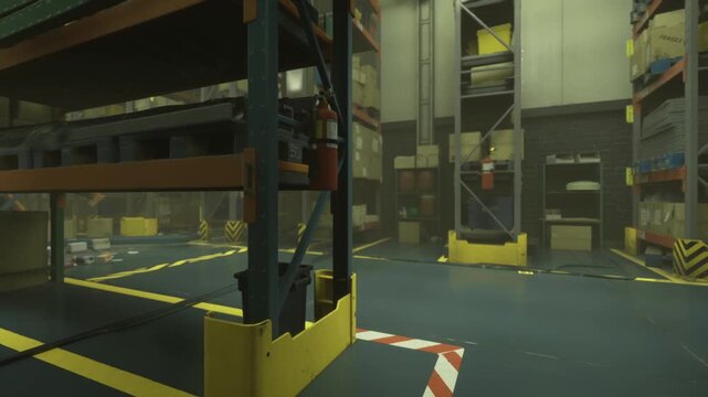 Dusty sunlight filters through high windows illuminating an orderly warehouse. Tall shelves stand piled with boxes while safety markings guide the way on the shiny floor.