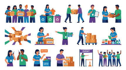 Fototapeta premium Volunteering Charity Flat Vector Illustration Set. Community Service, Donation Help Concepts