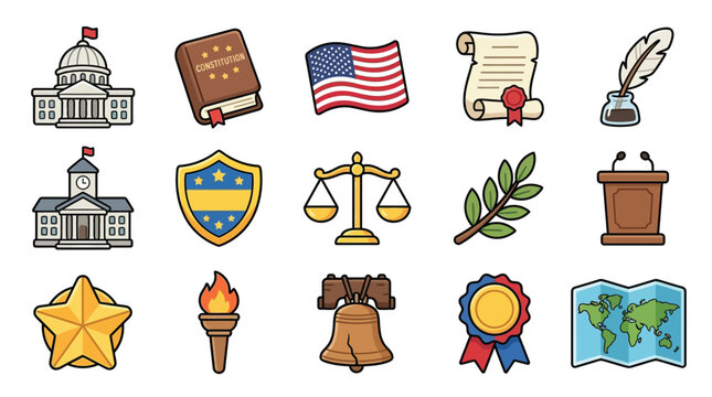 Set of flat vector icons representing American government law and patriotic symbols.