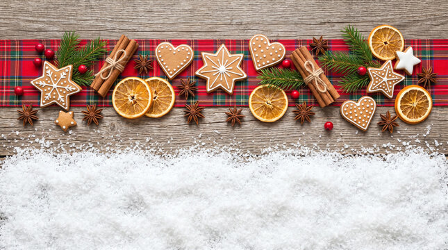 Rustic Christmas Border with Snow, Dried Orange Slices, Gingerbread Cookies and Festive Holiday Decorations