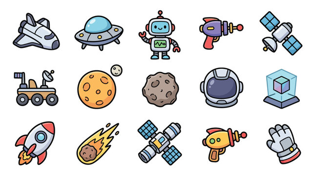 Set of cute colorful space and astronomy themed icons for design projects.