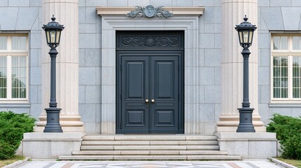 Fototapeta premium Grand Entrance With Ornate Double Doors, Stone Facade, And Classic Lampposts
