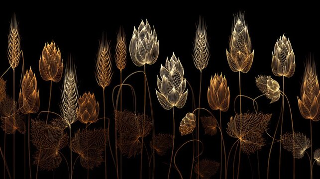 Luminous golden line art meadow flowers and wheat overlay background for elegant autumn nature and magic design