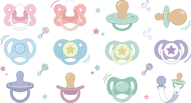 Cute Baby Pacifier and Soother Vector Illustration Set with Infant Dummies, Teething Nipples, and Newborn Care Accessories Collection