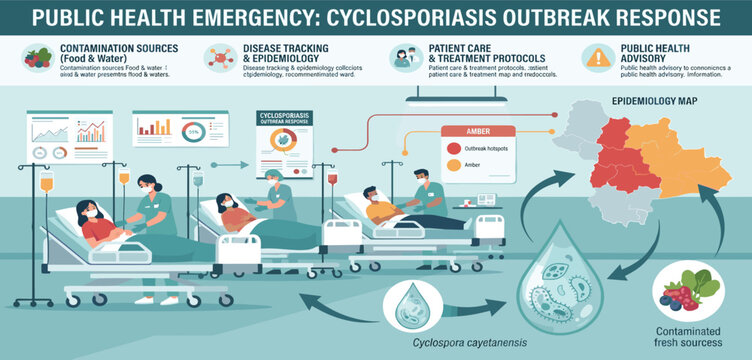 Cyclosporiasis health crisis as an outbreak as a foodborne parasitic illness caused by Cyclospora cayetanensis as an outbreak with contaminated food or water resulting in explosive diarrhea and digest