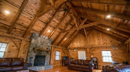 Obraz premium Cozy Rustic Log Cabin Living Room with Stone Fireplace and Exposed Timber Beams