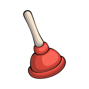 Red toilet plunger vector illustration icon with wooden handle isolated on transparent background for plumbing service and home maintenance