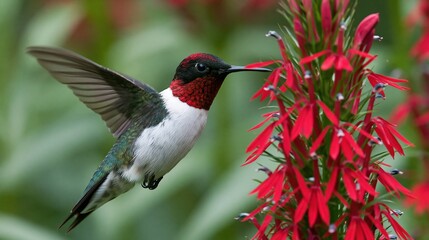 Fototapeta premium Close-up macro shot of a Ruby-throated Hummingbird feeding on a vibrant red Cardinal Flower in soft natural light