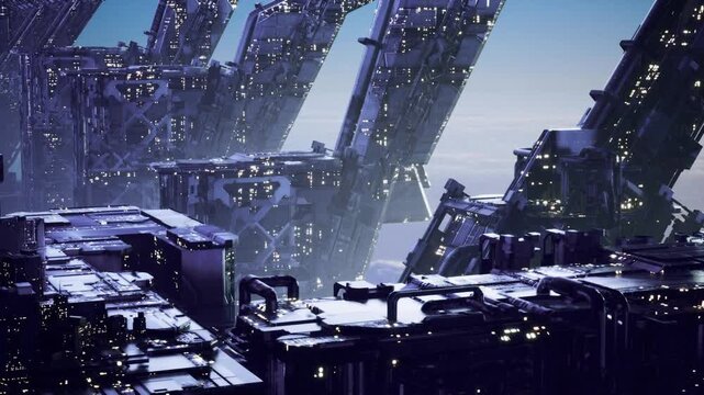 Futuristic megastructure at night towering metallic cityscape with illuminated windows, icy particles drifting, suspended platforms and docking lanes suggesting