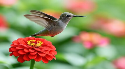 Fototapeta premium Tiny hummingbird hovering near vibrant red zinnia flower with soft focus garden background