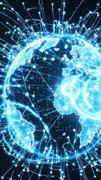 Digital Earth Network Connections - A vibrant blue holographic Earth is depicted, crisscrossed by glowing lines and connected by numerous digital nodes.