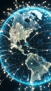 Holographic Globe Global Network Data Connections - A glowing holographic Earth displays a dynamic global network with light trails connecting various points across continents.