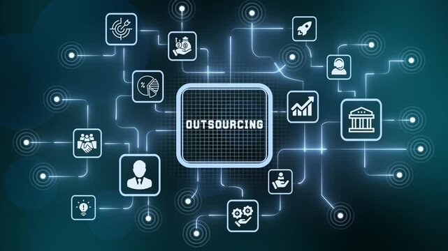 Global outsourcing network interface concept with icons representing external business partners and remote workforce.