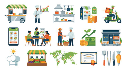 Fototapeta premium Flat Vector Food Service Delivery Icons - Food Cart, Chef, App, Store