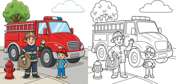 friendly firefighter standing beside a modern fire engine transport vehicle cartoon clipart and lineart print vector illustration for school student educational color coloring book