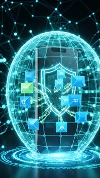 Mobile Phone Digital Security Protection Shield - A smartphone is enclosed within a glowing, grid-like sphere, symbolizing digital security and network protection.