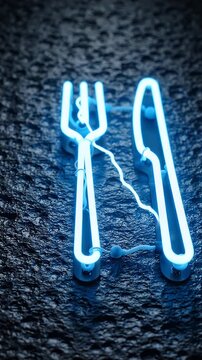 Glowing Neon Fork and Knife Symbol - A bright blue neon fork and knife symbol shines against a dark, textured surface.