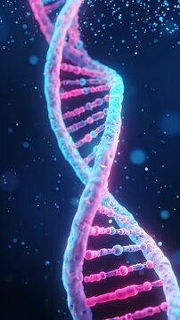 Glowing DNA Molecule Abstract Background - A vibrant, neon-glowing double helix DNA molecule rotates against a dark blue background, with small bokeh lights scattered throughout the scene.