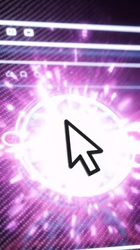 Neon Globe Icon Cursor Selection - A glowing neon globe icon in blue and pink is highlighted with a computer cursor pointing towards it, set against a dark textured background with digital interface