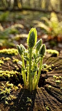 New Growth Sprouting from Tree Stump - Young green shoots with water droplets emerge from an old, moss-covered tree stump in a forest.