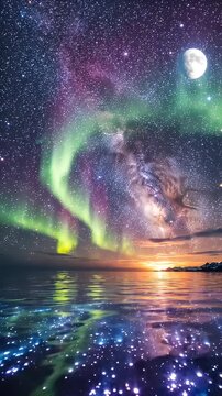Aurora Borealis Over Starry Ocean Horizon - A breathtaking view of the night sky featuring the Milky Way and vibrant aurora borealis, reflected in the calm ocean waters below.