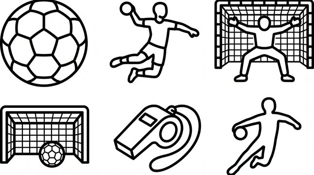 Minimalist black‑and‑white soccer icons showing ball, players, goal, whistle, and goalkeeper for sports, athletic, and branding visuals.