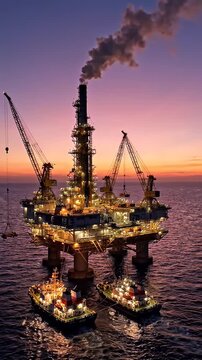 Offshore Oil Rig Platform Operations at Sunset - An aerial view captures an illuminated offshore oil rig platform in the open sea during a beautiful sunset, with smoke billowing from its stack.