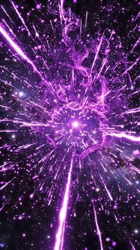 Purple Neon Particle Burst Abstract Energy Streak - A dynamic burst of purple neon particles and light streaks emanates from a central point, creating an abstract explosion effect against a dark