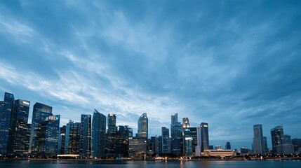 Obraz premium Modern Cityscape Skyline at Dusk Reflecting in Water Under Moody Blue Sky